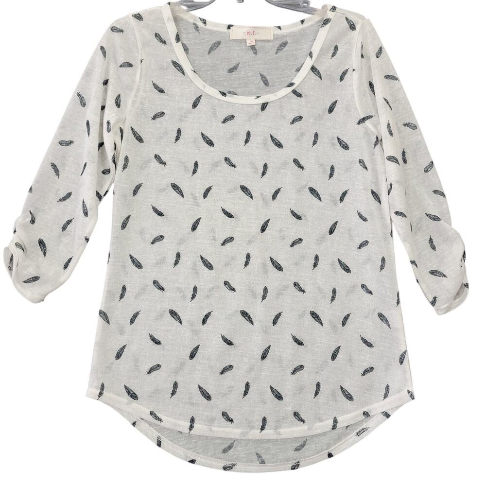 w.f. White Navy Feather Print Sheer Shirt 3/4 Sleeve Scoop Neck Women Size L Top